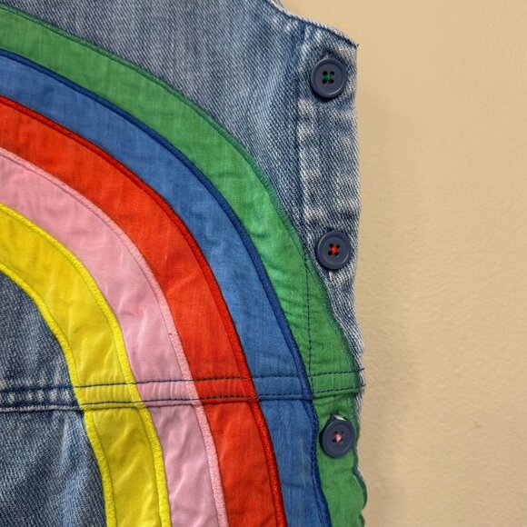 MINI BODEN Denim Rainbow Overalls Jumpsuit 6-7 122cm Blue Overall Clouds Bows - Picture 4 of 10
